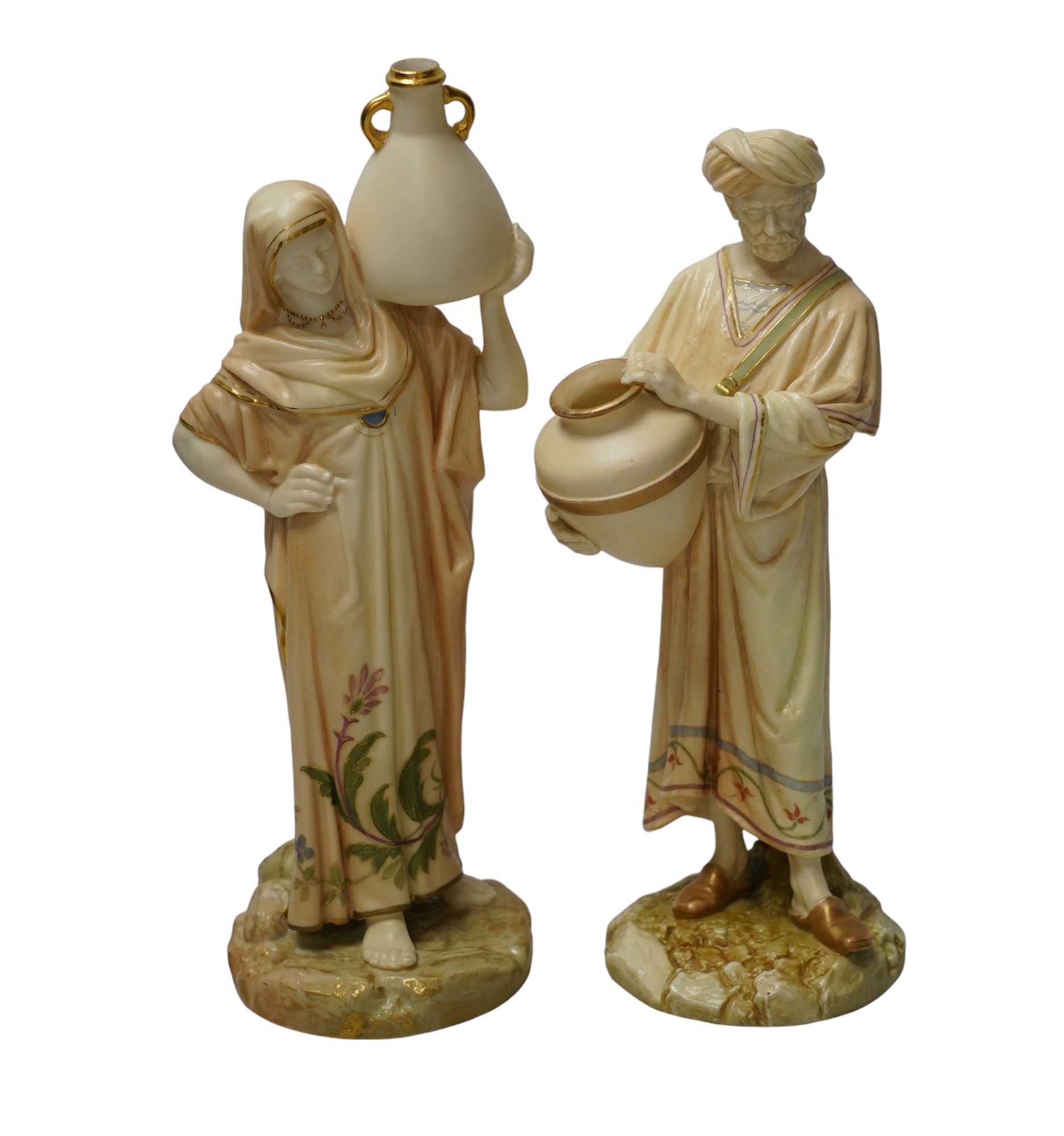 Two Worcester water carrier figures, 1250, largest 25cm high. Condition - good